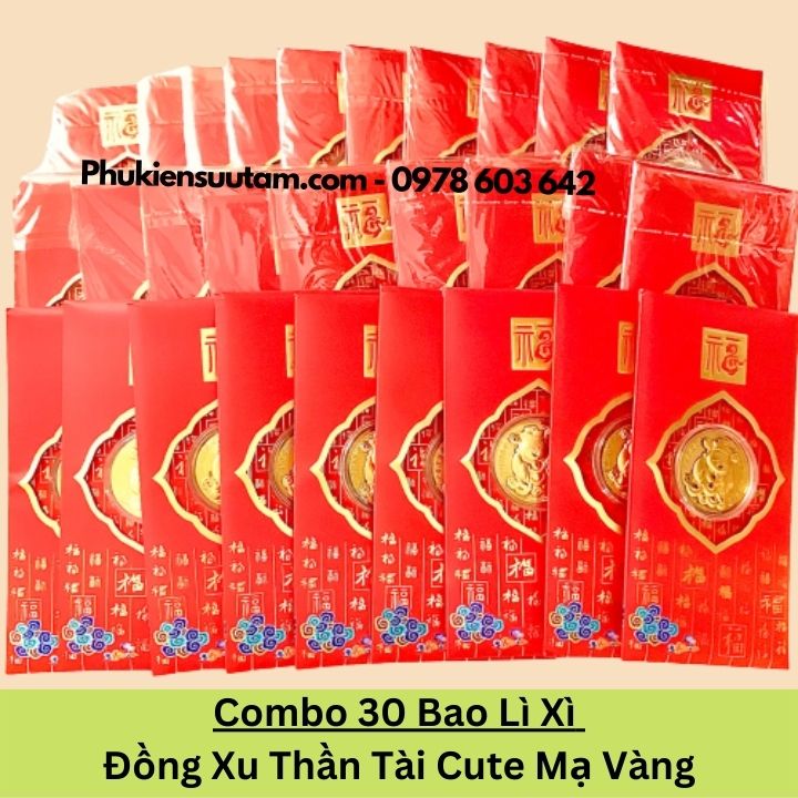 Combo 20 Bao Lì Xì Đồng Xu Thần Tài Cute Mạ Vàng, kích thước: 17cmx9cm, màu đỏ - SP005984