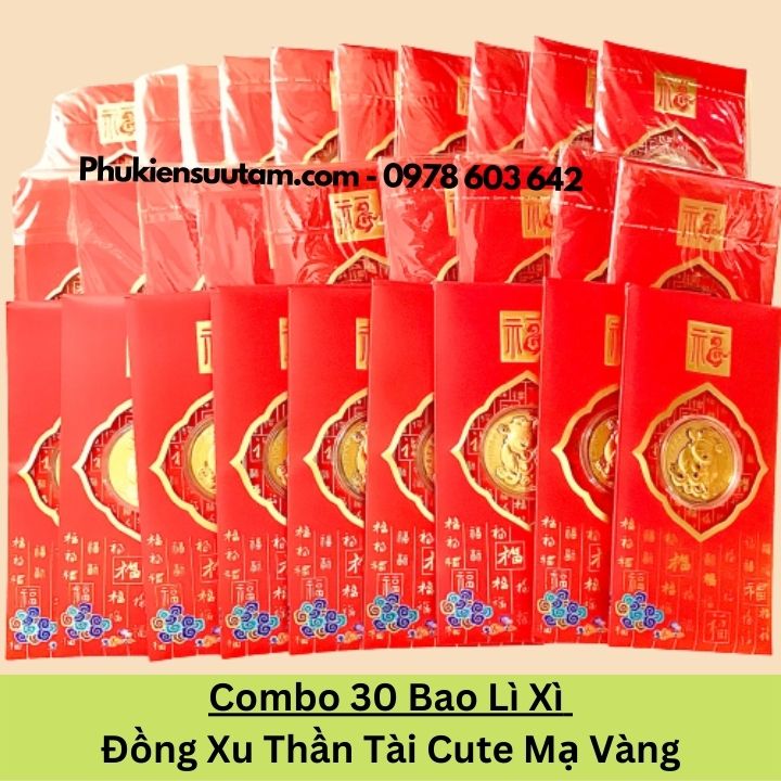 Combo 30 Bao Lì Xì Đồng Xu Thần Tài Cute Mạ Vàng, kích thước: 17cmx9cm, màu đỏ - SP005985