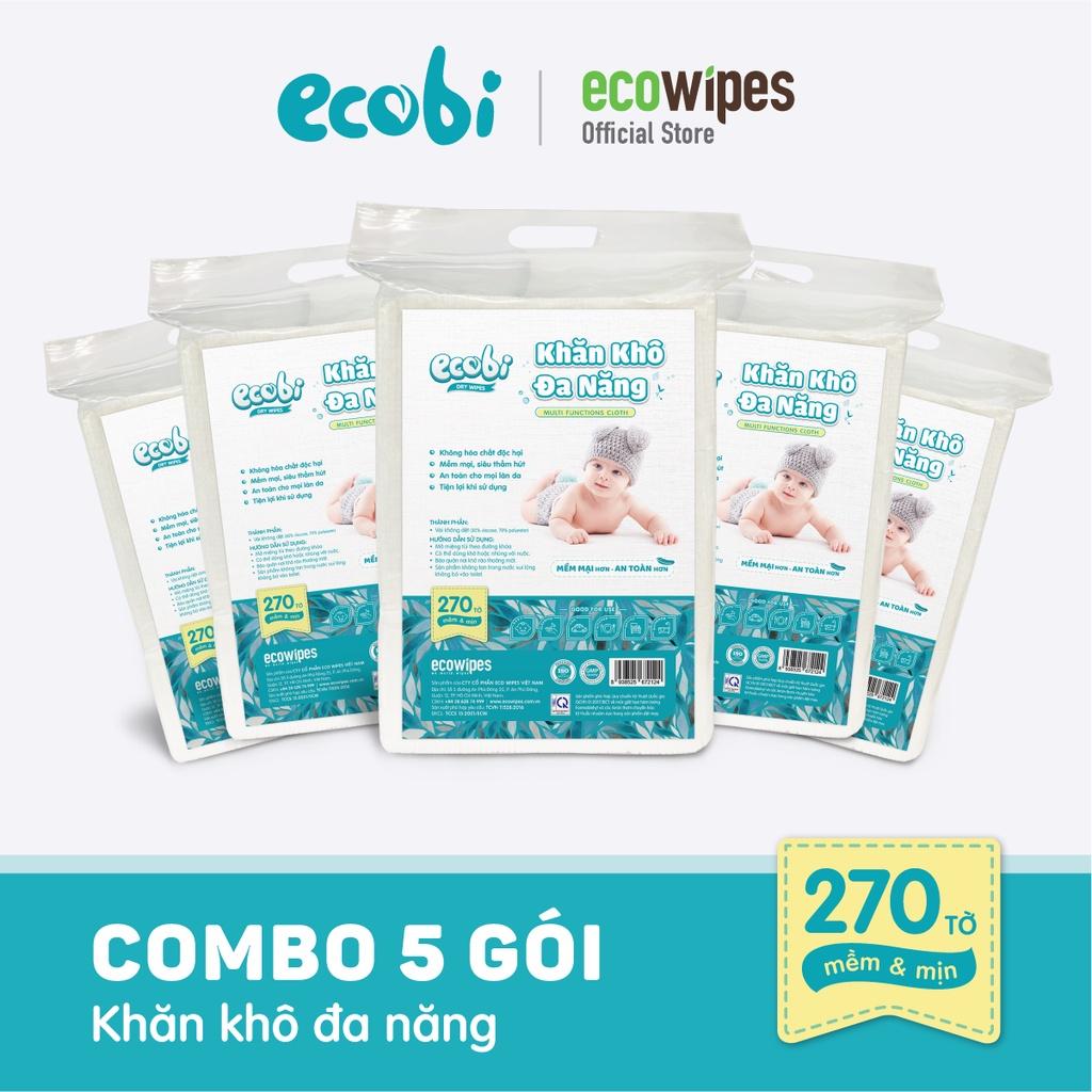 Combo 05 túi khăn khô đa năng cho bé Ecobi 270 tờ dùng thay khăn sữa an toàn cho trẻ sơ sinh