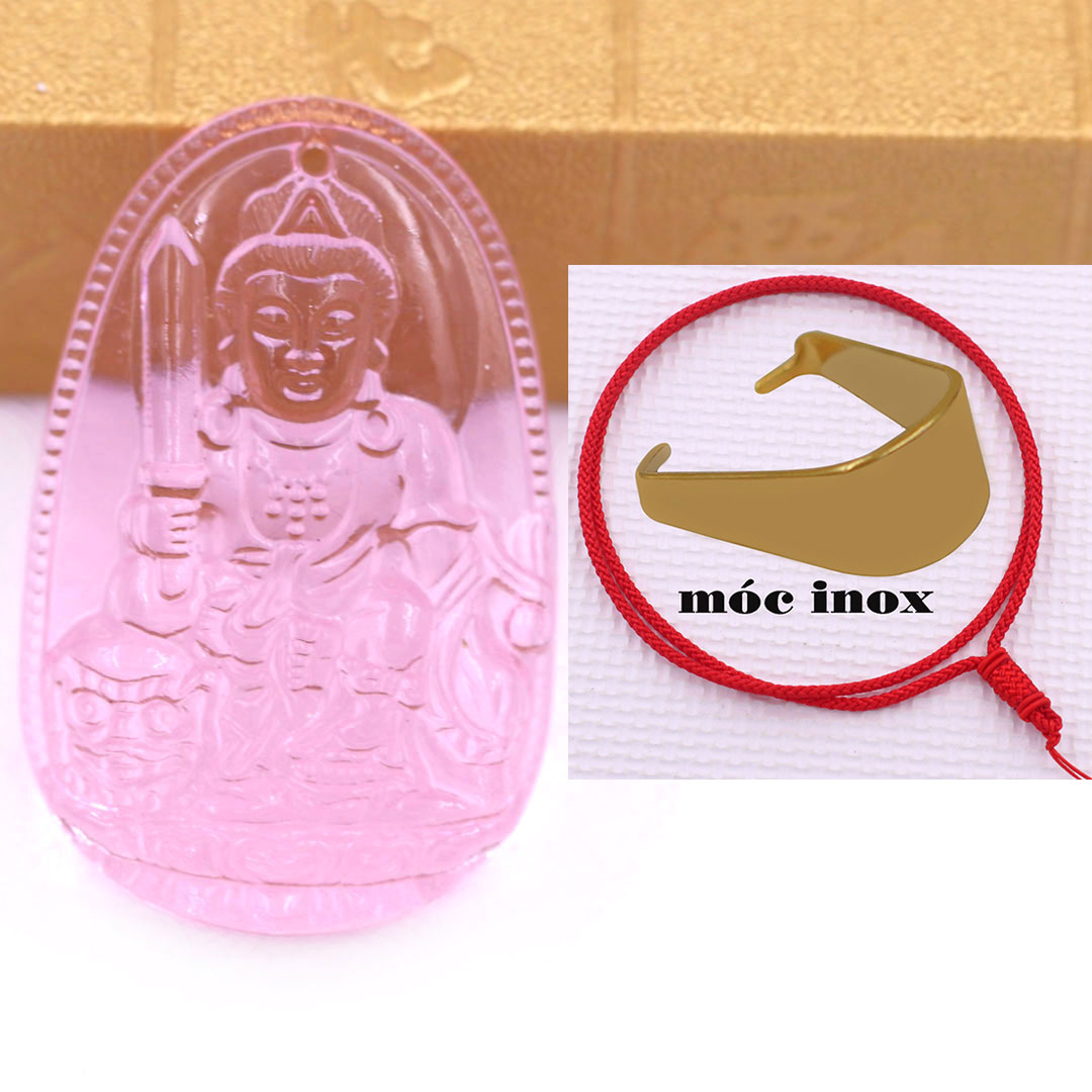 Mặt dây chuyền Phật Văn thù pha lê hồng 3.6 cm kèm vòng cổ dây dù đỏ + móc inox vàng, Phật bản mệnh, mặt dây chuyền phong thủy