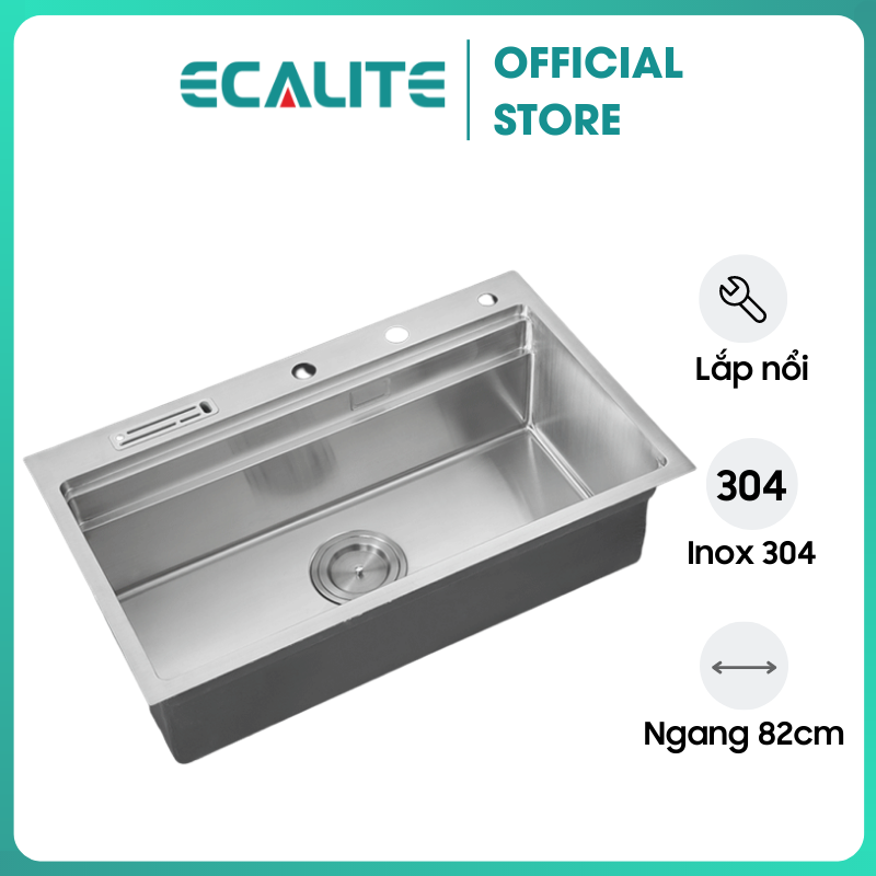 Chậu Rửa Chén Ecalite ESD-8250HS - 1 Ngăn Cực Rộng - Inox 304 Siêu Bền - Có Giắt Cắm Dao - Hàng Chính Hãng