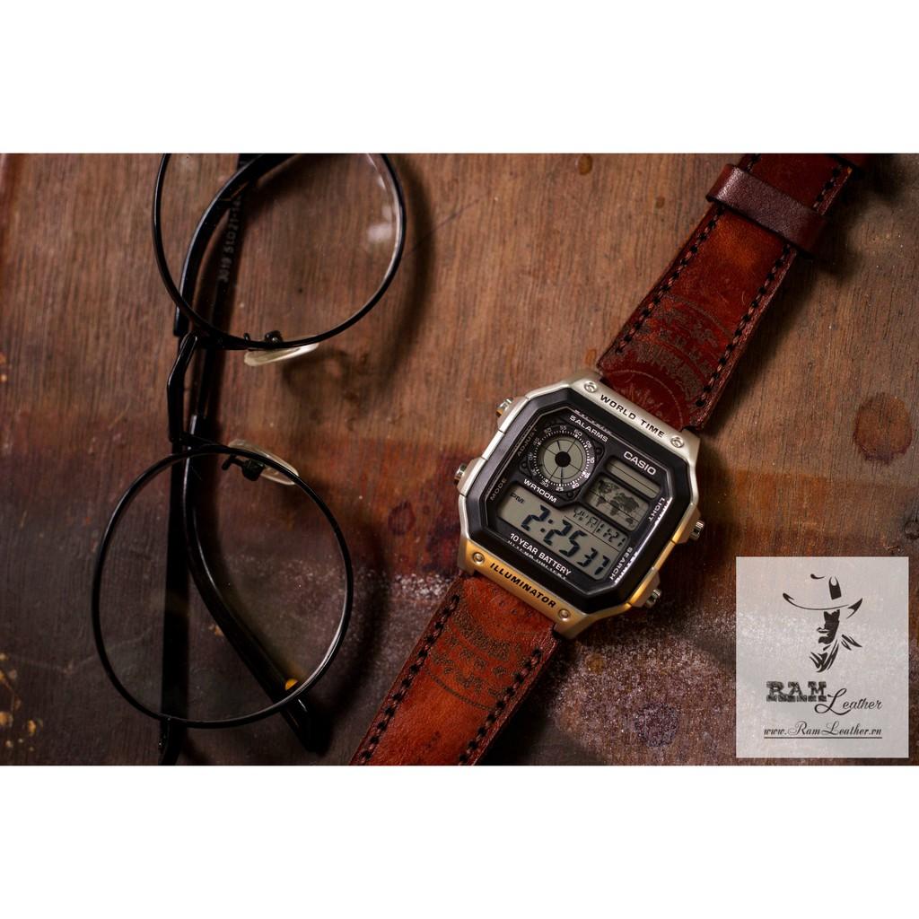 DÂY ĐỒNG HỒ TRỐNG ĐỒNG CASIO AE1200/SEIKO5 LIGHT BROWN ĐẬM DA BÒ THẬT