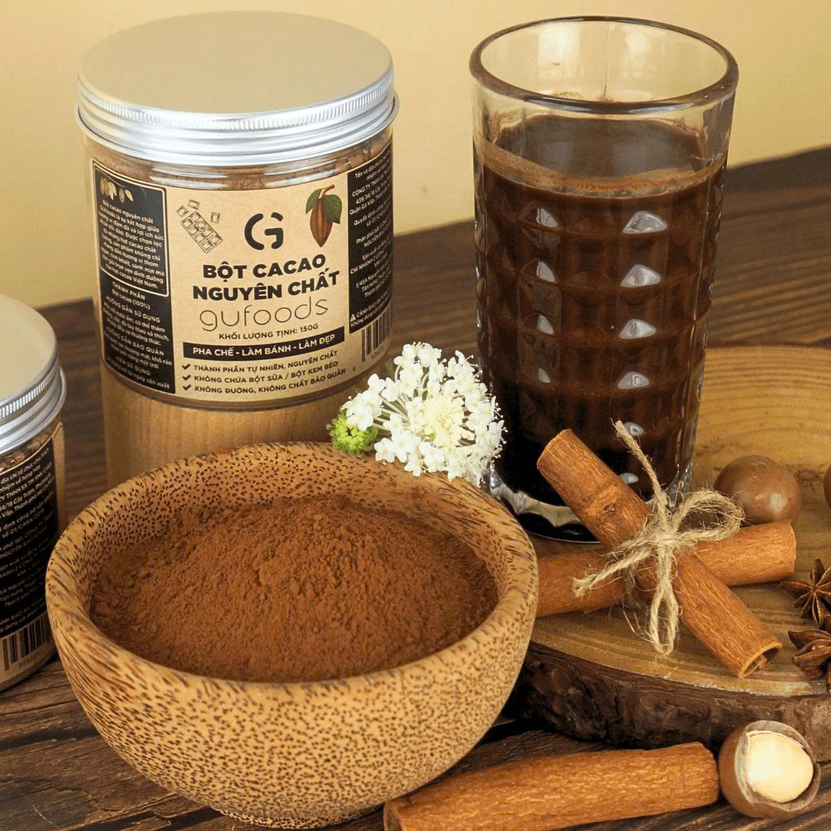 Bột Cacao Nguyên Chất Gufoods 150g - 100% Nguyên Chất, Không Đường, Giàu Flavan, Người Ăn Chay, Healthy, Làm Bánh
