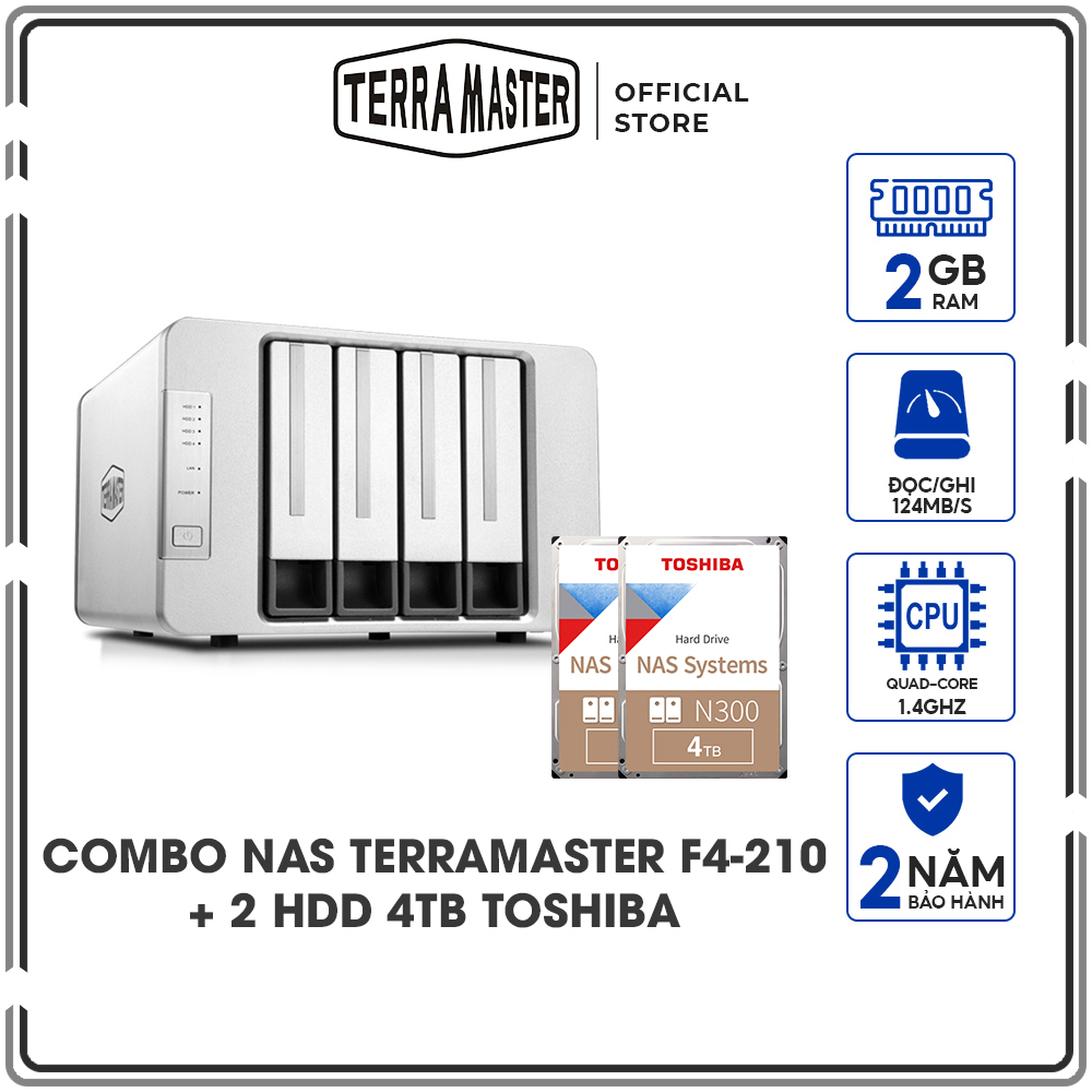 Combo Ổ cứng mạng NAS Terra Master F4-210 + 2 Ổ cứng iHDD Toshiba N300 4TB - Hàng chính hãng