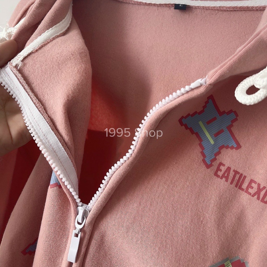 Áo khoác zip nỉ lót bông form rộng EATILEXD unisex màu hồng , áo khoác nỉ hoodie dây kéo in ngôi sao full áo, Áo Khoác nỉ EATILEXD , áo khoác nam nữ màu hồng
