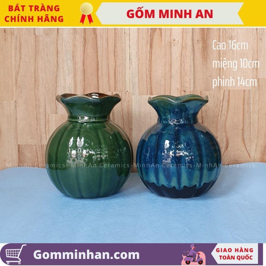 Bình Hoa Lọ Hoa Nhỏ Thấp Màu Xanh Miệng Lượn Men Hỏa Biến, Men Ngọc Lưu Ly- Gốm Sứ Bát Tràng- Gốm Minh An