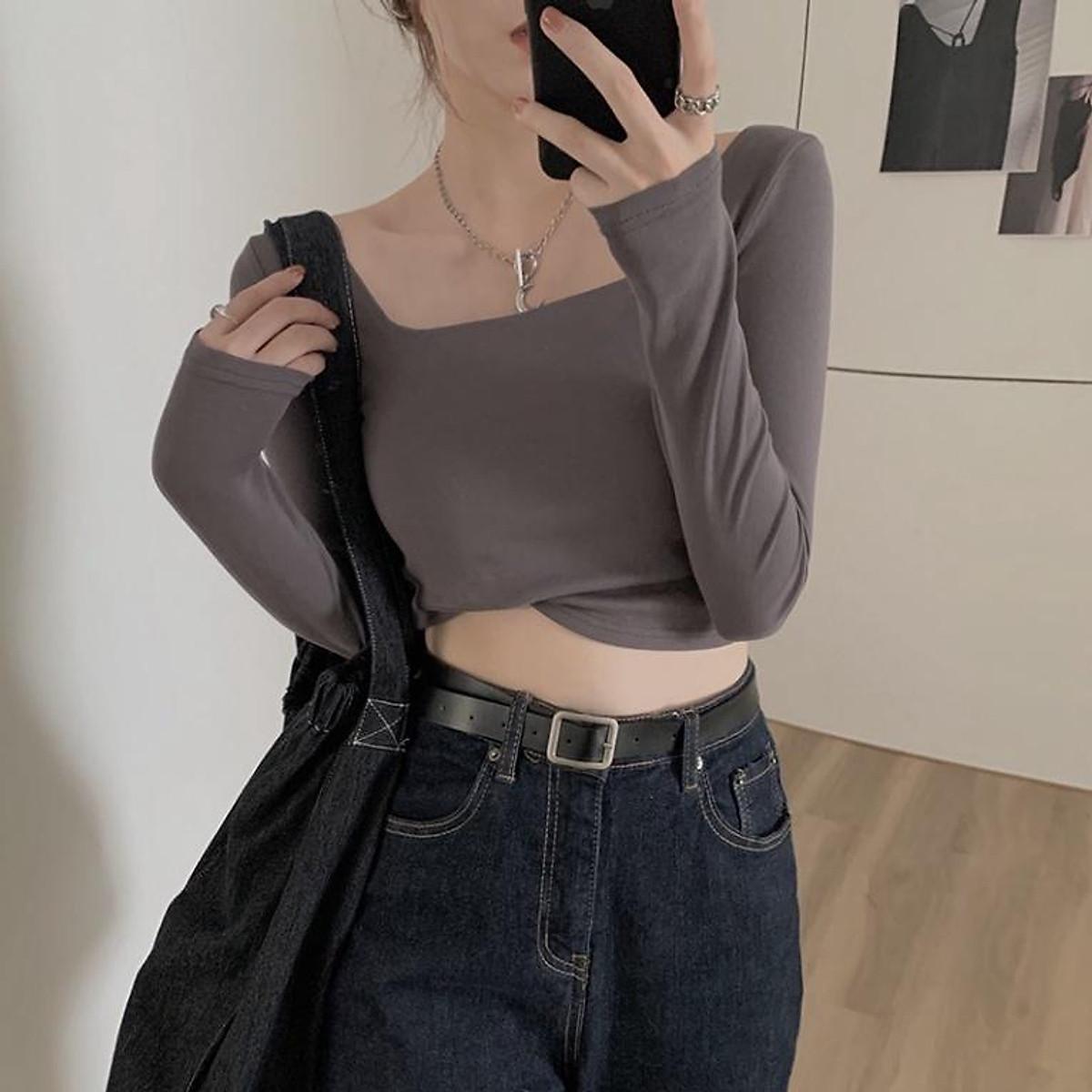 Áo croptop nữ ôm body cổ vuông tay dài, Croptop Nữ trơn màu dài tay cổ vuông, Áo crt nữ siêu ôm dáng