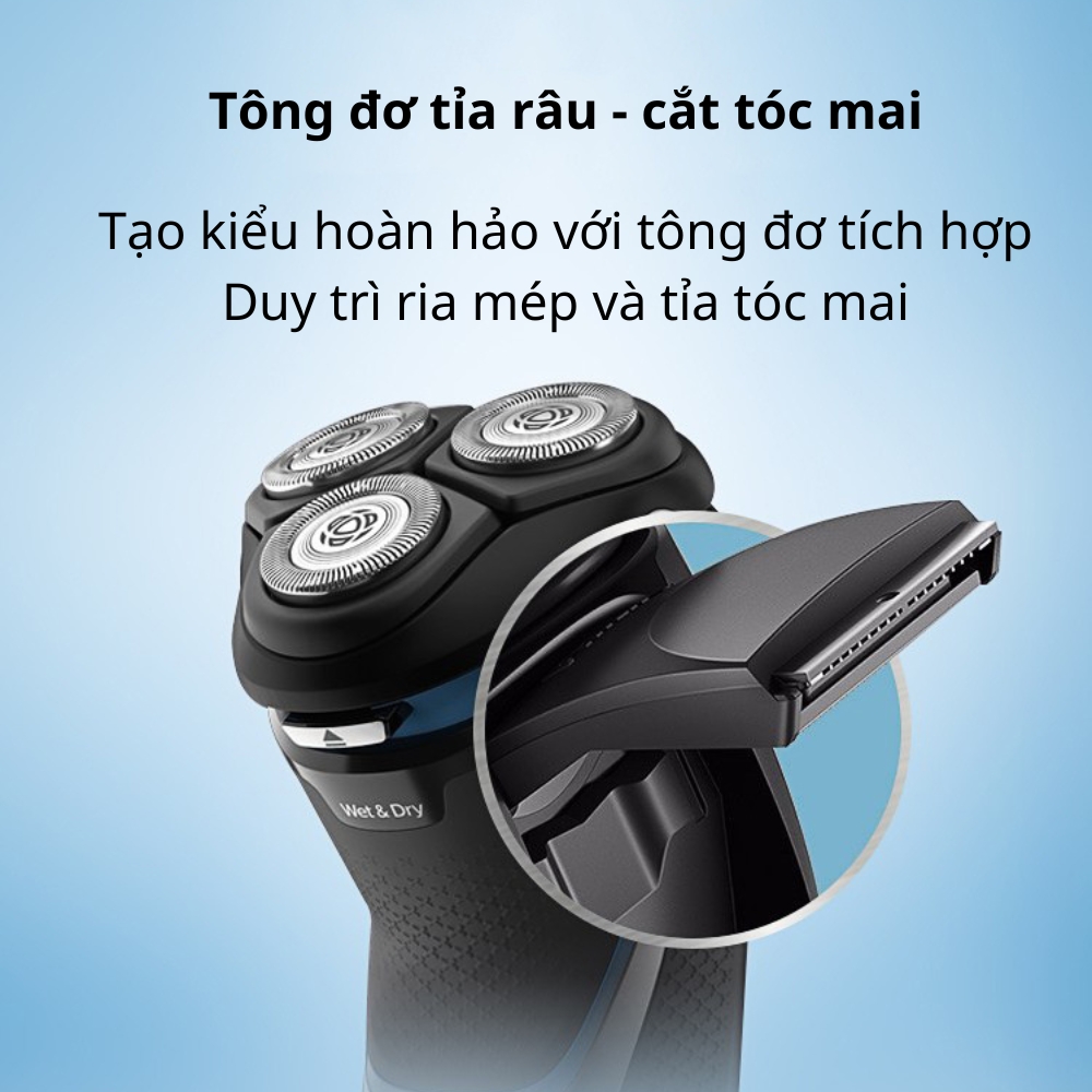 Máy cạo râu Philips điện 3 lưỡi S2305 tích hợp cạo mai, cạo khô và ướt, sạc nhanh 5 phút - Hàng nhập khẩu