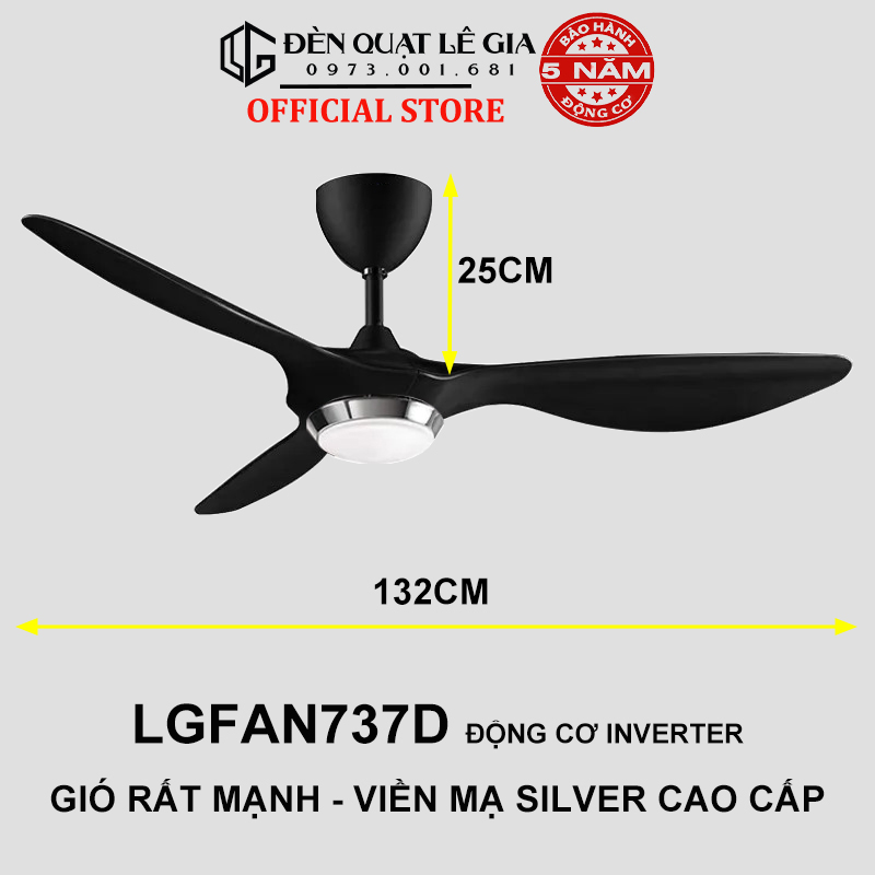 Quạt Trần Đèn Phong Cách Indochine LÊ GIA LGFAN737G - Chiều Cao 25cm - Sải Cánh 132cm - Bảo Hành 5 Năm