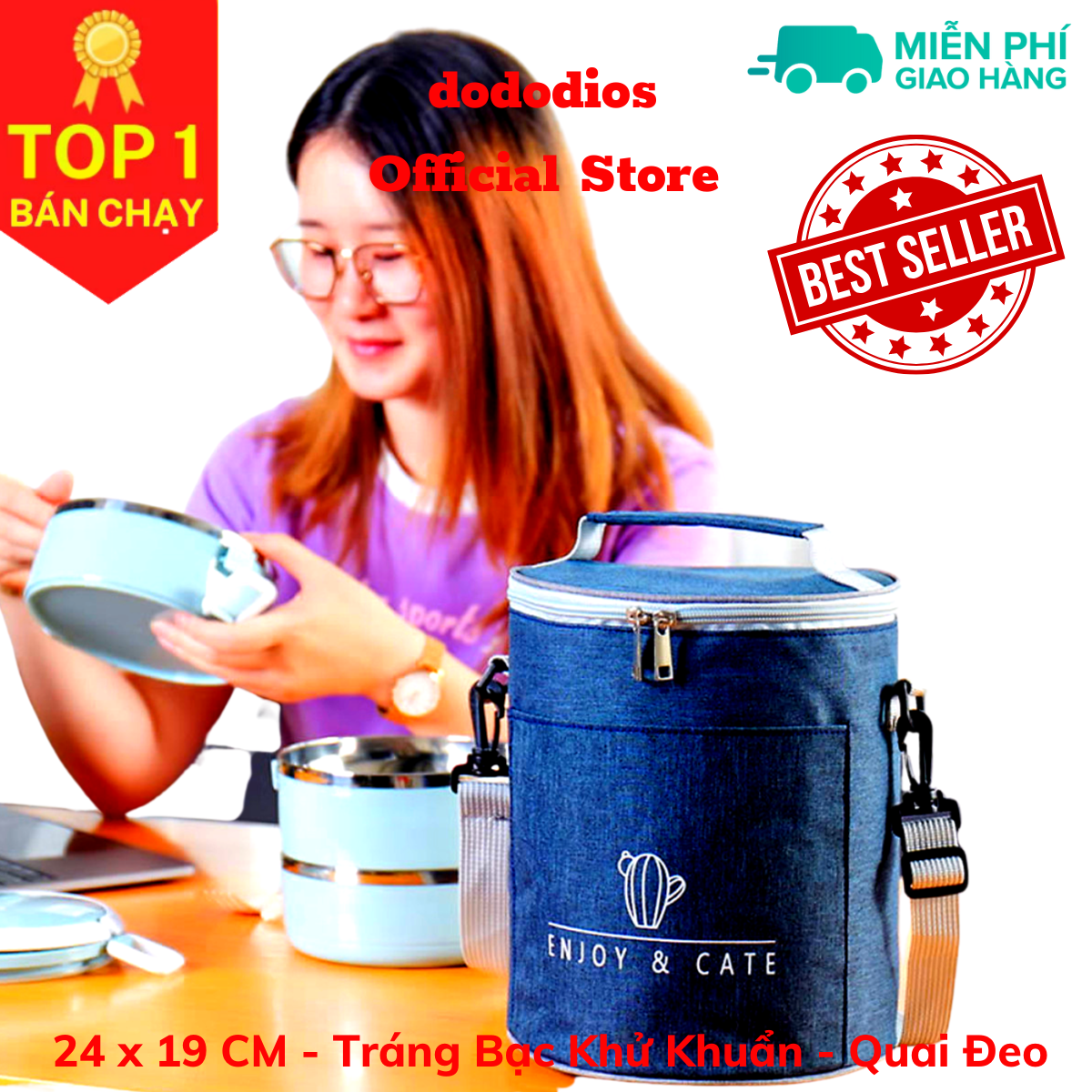 Túi đựng hộp cơm giữ nhiệt cao cấp hình trụ - tráng bạc diệt khuẩn - có quai đeo - chính hãng dododios