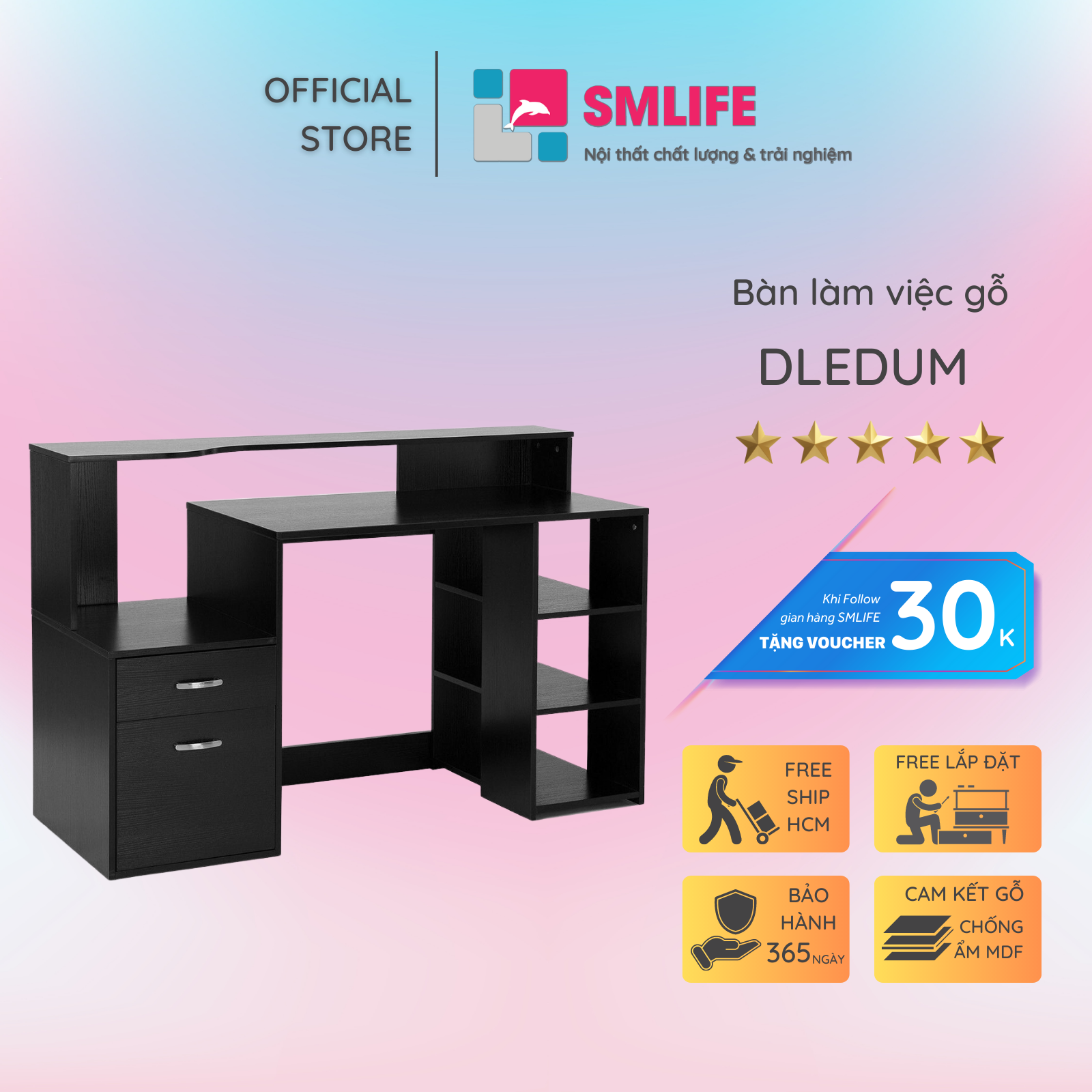 Bàn làm việc kèm tủ tại nhà thiết kế tiện dụng SMLIFE Dledum