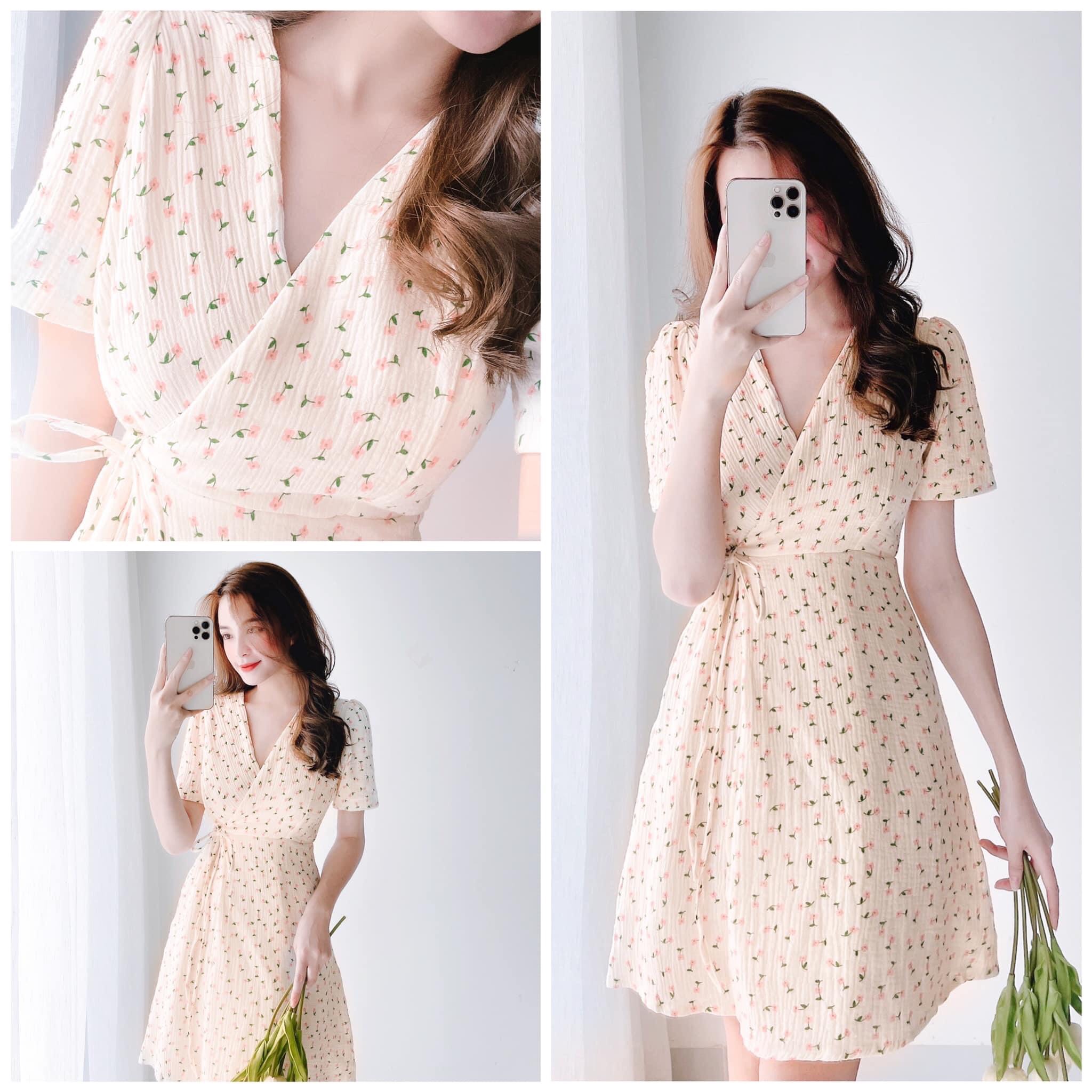 Đầm dáng xòe nữ họa tiết hoa cột dây ngang eo