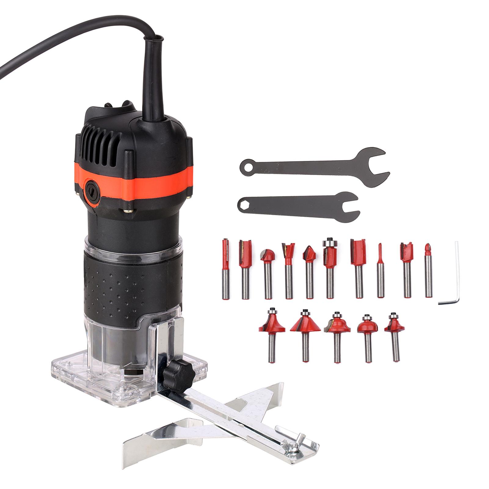 Máy xén gỗ chạy điện đa năng 800W 30000r/min Bộ định tuyến gỗ Tông đơ ép gỗ Máy tạo rãnh cắt tỉa chuyên nghiệp cho thợ mộc Thợ mộc với 15 chiếc dao phay 110V