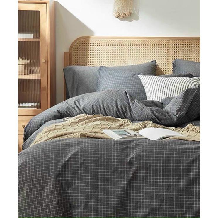 Bộ chăn ga gối Poly Cotton Nhà Nhím mẫu kẻ xám