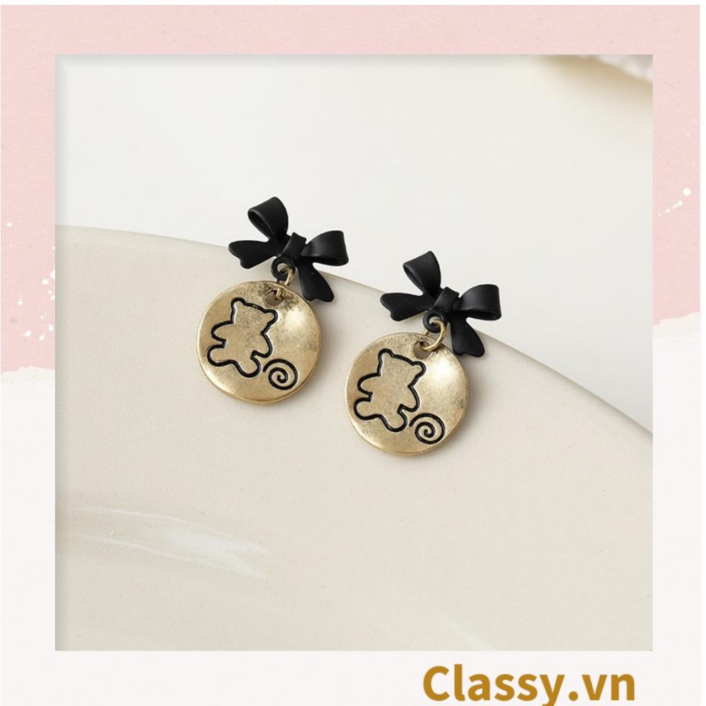 Khuyên tai Bông tai Hoa tai Classy bản tròn họa tiết gấu dễ thương đính nơ hoa tai ánh kim trendy PK1604