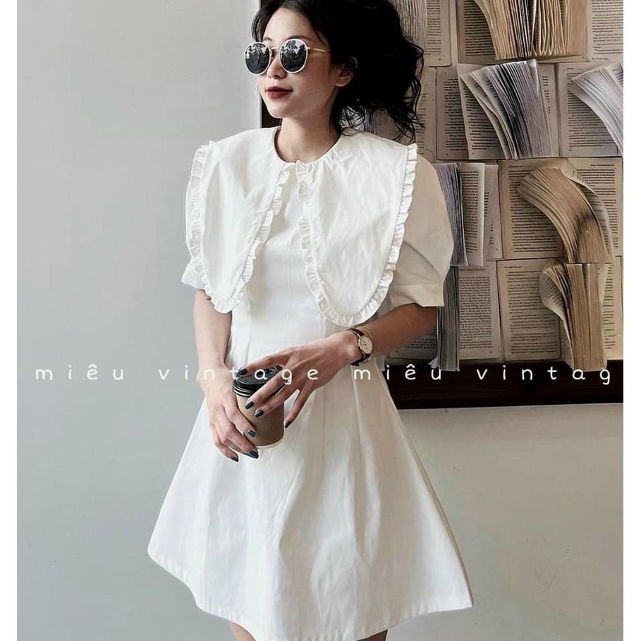Đầm váy cổ tròn bèo lá xếp ly màu trắng tinh khôi, thời trang nữ dạo phố, dự tiệc