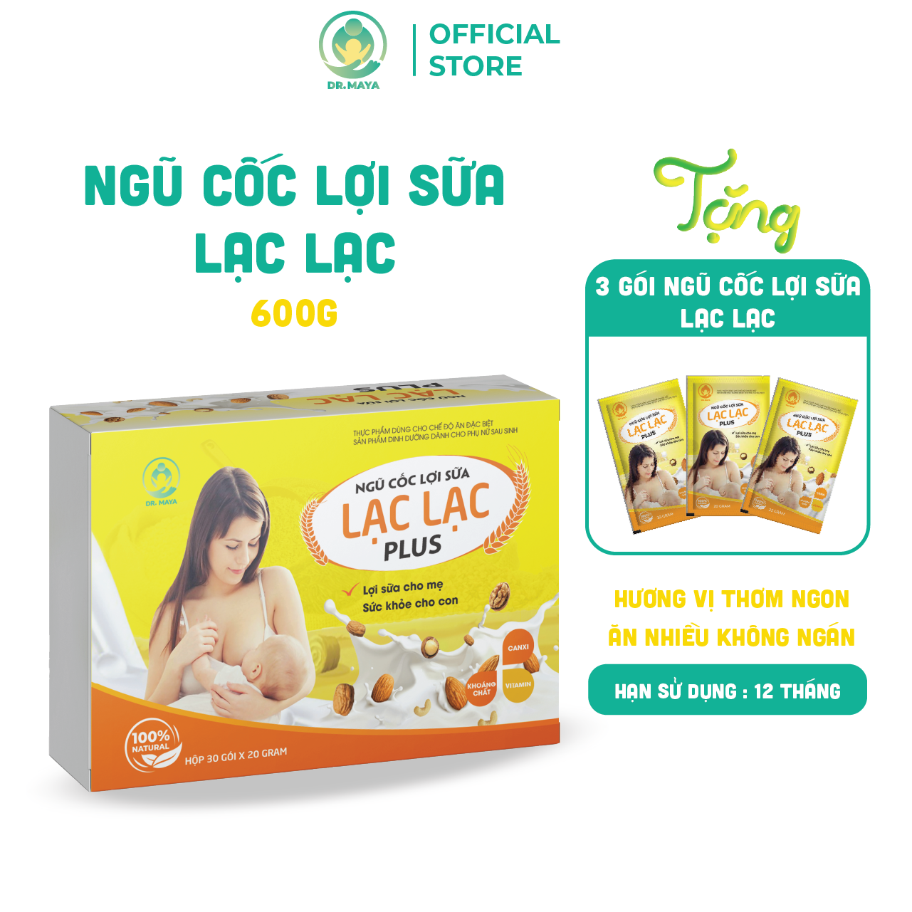 Ngũ cốc Lợi Sữa Lạc Lạc Plus Dr.maya 600g (30 gói), hương vị thơm ngon, cũng cấp dinh dưỡng cải thiện chất lượng sữa mẹ