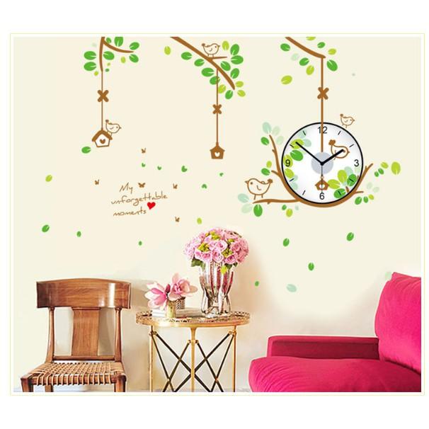 Decal Trang Trí Tường Kèm Đồng Hồ Dán Tường Cành Cây Con Chim Xanh