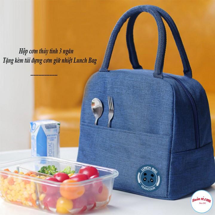 Hộp cơm thủy tinh 3 ngăn tặng kèm túi đựng giữ nhiệt 2 lớp Lunch Bag cao cấp 00995