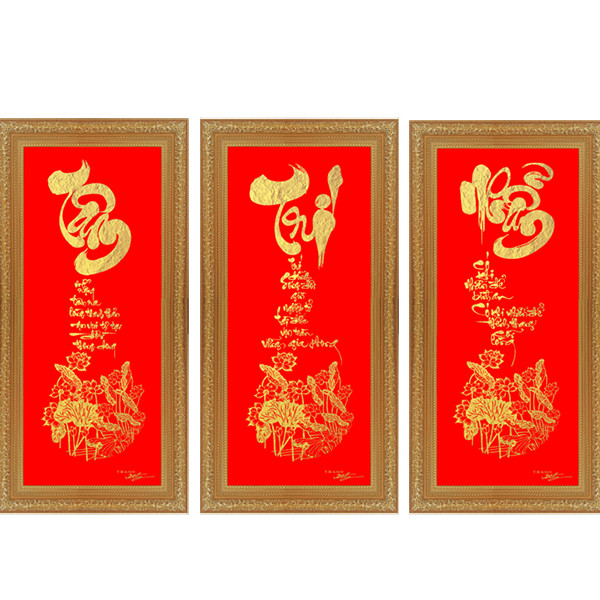 Tranh thư pháp Tâm - Trí - Nhẫn dát vàng