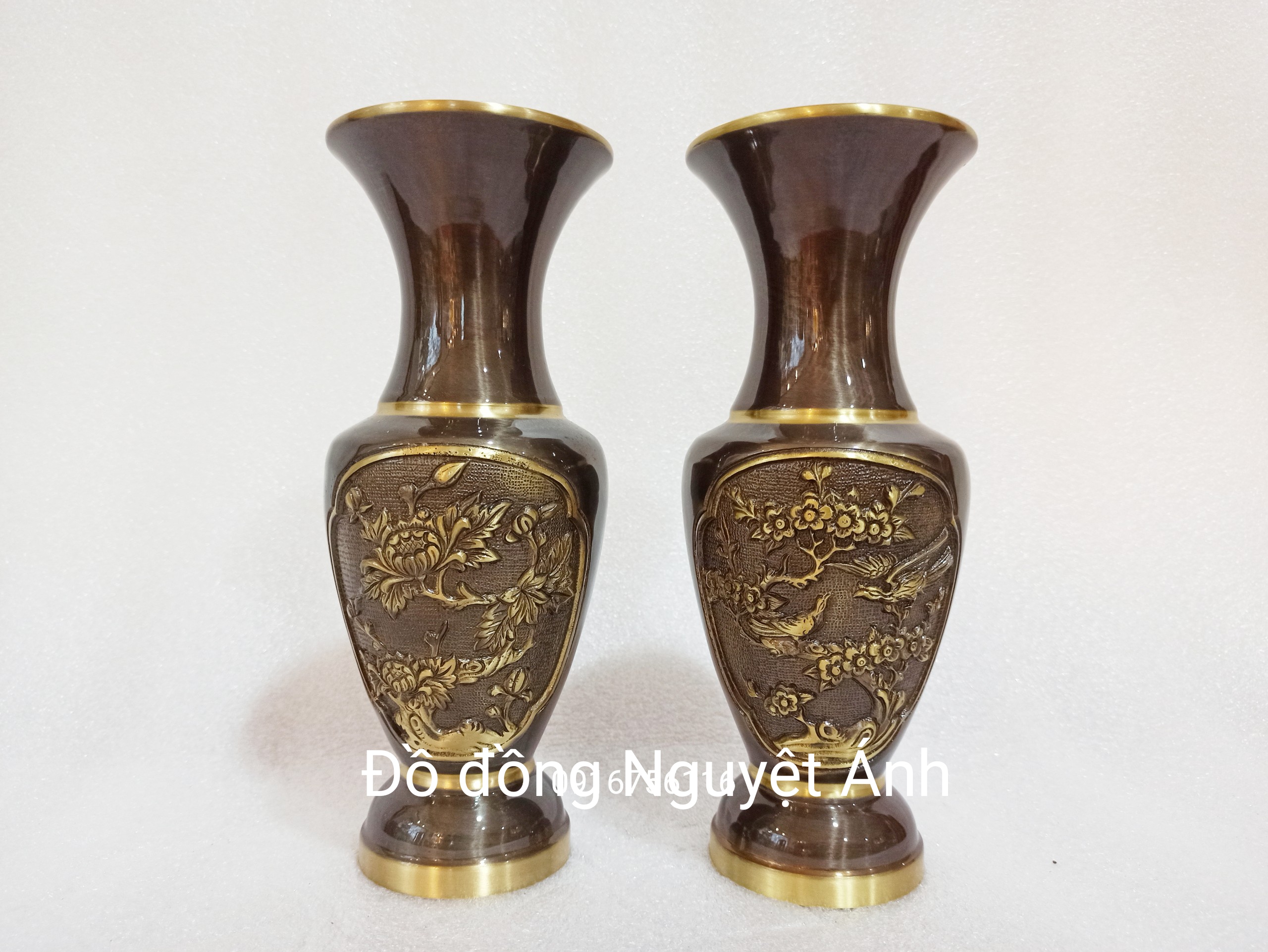 Lọ hoa đồng, bình bông 26cm, lục bình mai điểu trường xuân, lục bình đồng thau