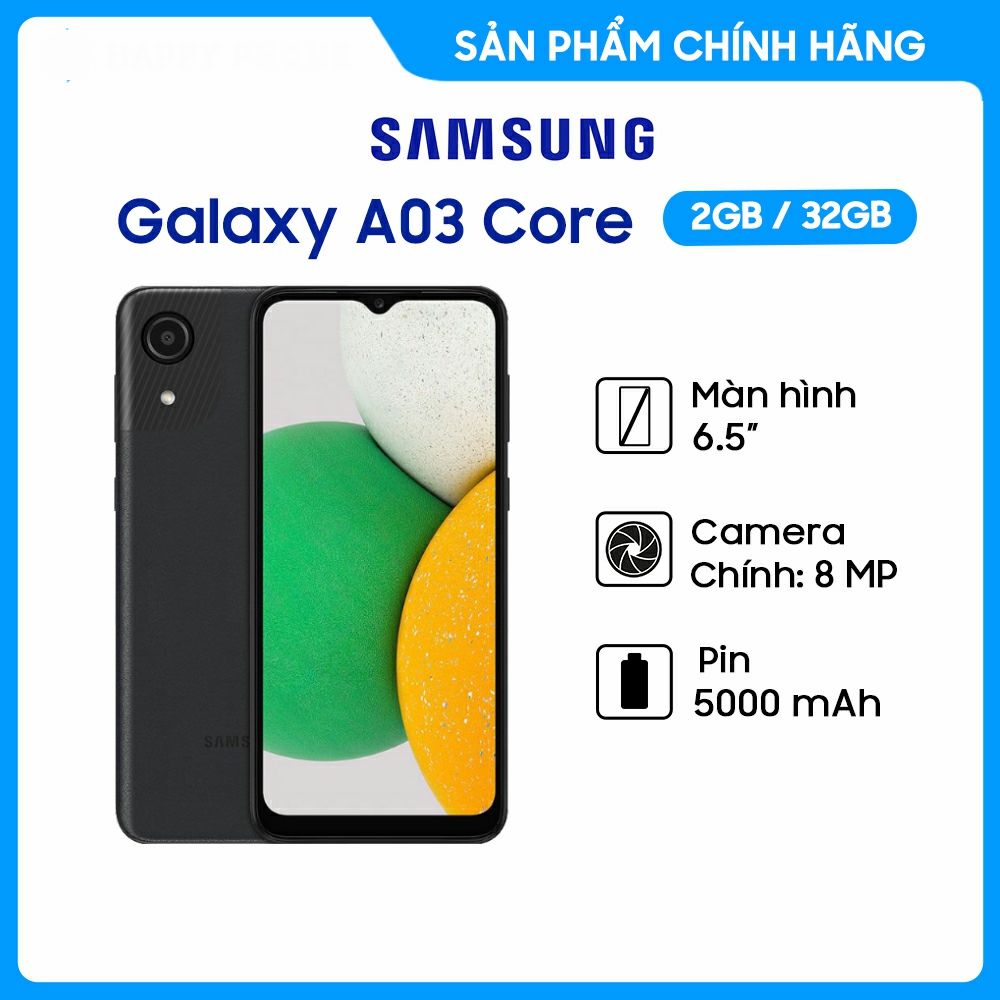 Điện thoại Samsung Galaxy A03 Core (2GB/32GB) - Hàng Chính Hãng, Mới 100%, Nguyên Seal | Bảo hành 12 tháng - Camera chính 8MP Full HD - Pin Khủng 5000 mAh - Điện Thoại Giá Rẻ