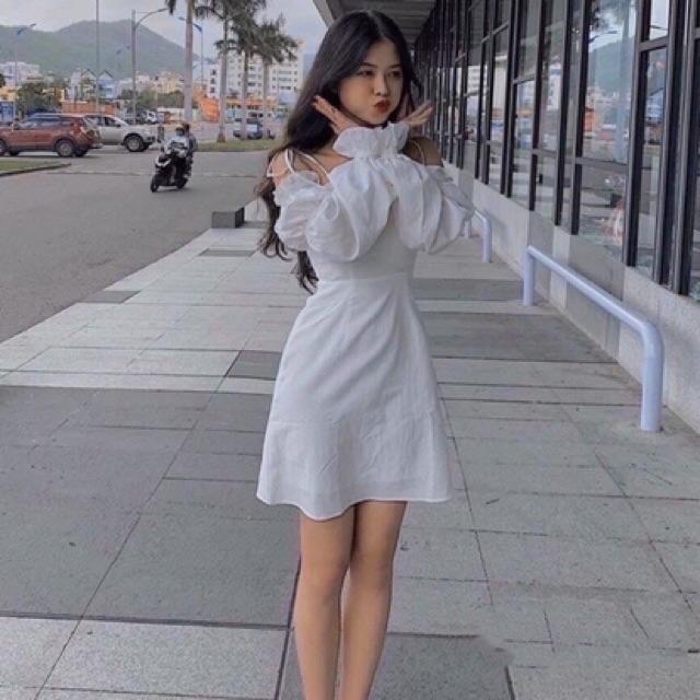 Đầm trễ vai tay nhún cột nơ vai có mút ngực cực sang chảnh