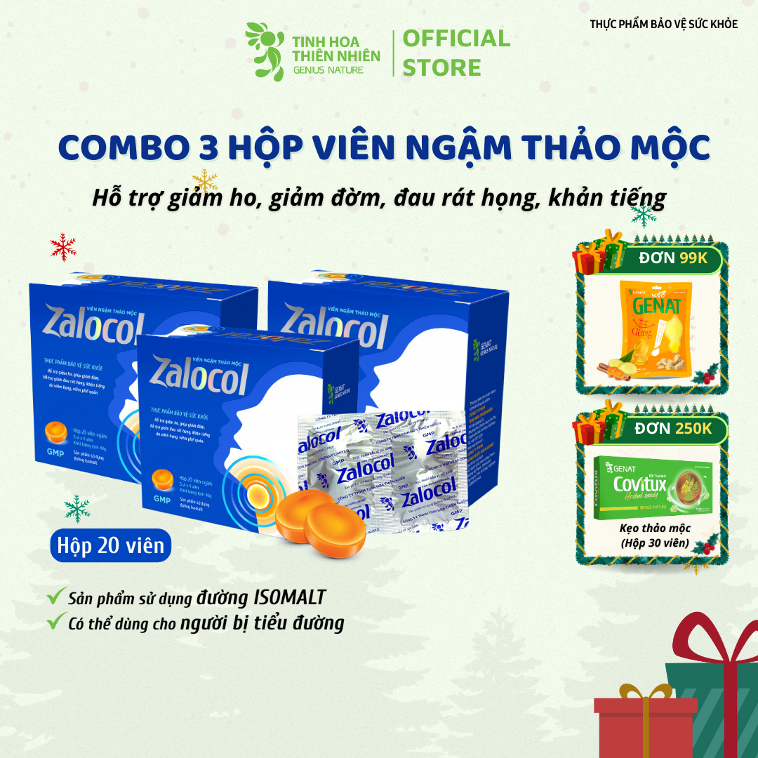 Combo 3 hộp viên ngậm Ho thảo mộc Zalocol Hỗ trợ giảm đờm, giảm đau rát họng, khản tiếng - Genat