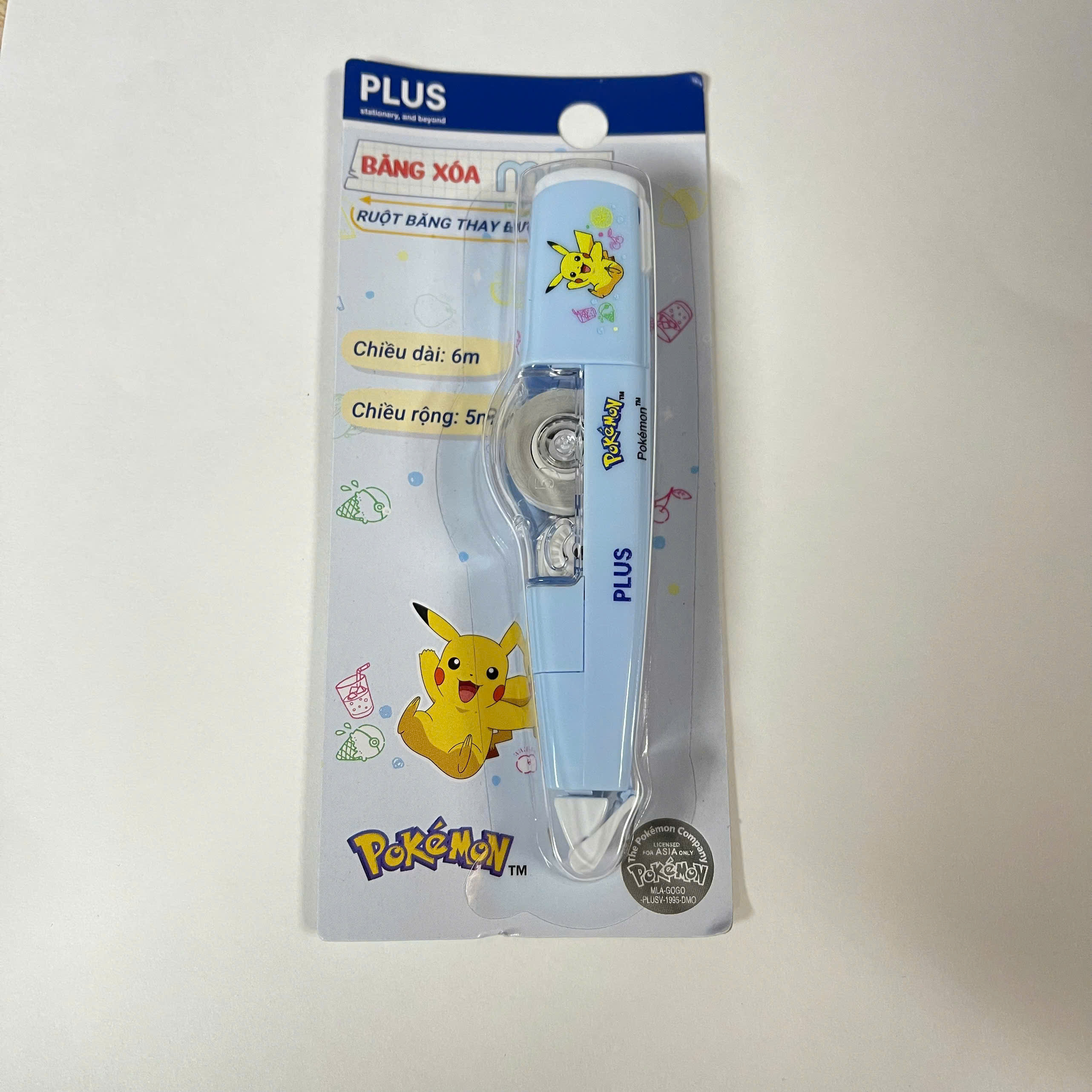 Băng xóa PLUS MR POKEMON 5mm x 6m - Màu xanh dương 100-V030 (bút xóa kéo)