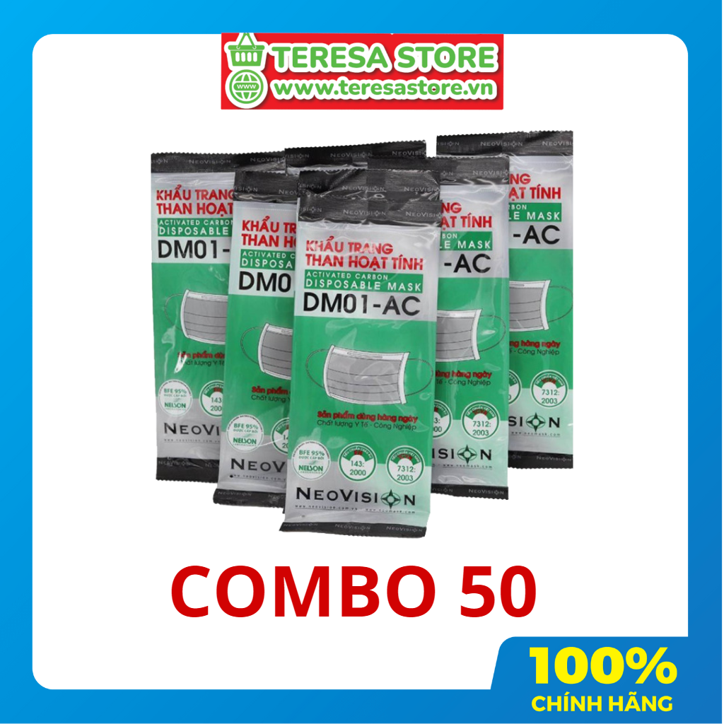 Combo 50 Khẩu trang than hoạt tính DM01-AC đạt chuẩn lọc khuẩn Nelson (Hoa Kỳ)