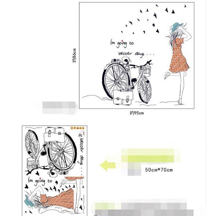 Decal dán tường combo 2 tranh lưới giấc mơ + cô gái và xe đạp