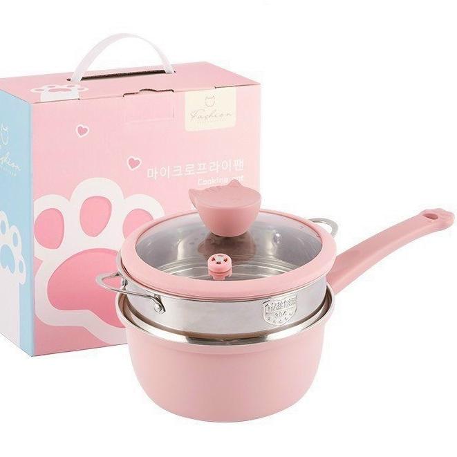 Bộ Nồi Ăn Dặm Nấu Cháo Quấy Bột Kèm Xửng Hấp Cho Bé Hình Mèo Chống Dính Cao Cấp Tặng Kèm Quà Shop Mẹ Bí Đỏ