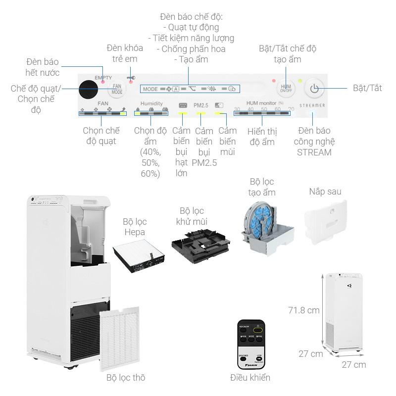 Máy Lọc không khí tạo ẩm Daikin MCK55TVM6 Diện tích 41m2 - Công nghê Streamer - Hàng chính hãng