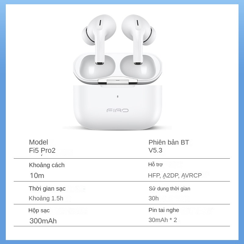 Tai Nghe Bluetooth FIRO Fi5 Pro2 - Tai Nghe Không Dây FIRO Công Nghệ Bluetooth V5.3 - Kháng Nước IPX5 - Điều Khiển Cảm Ứng Thông Minh - Âm Bass Cực Hay - Chống Ồn Cực Tốt - Tai Nghe FIRO Fi5 Pro2 Tương Thích Với Tất Cả Dòng Máy - Hàng Chính Hãng