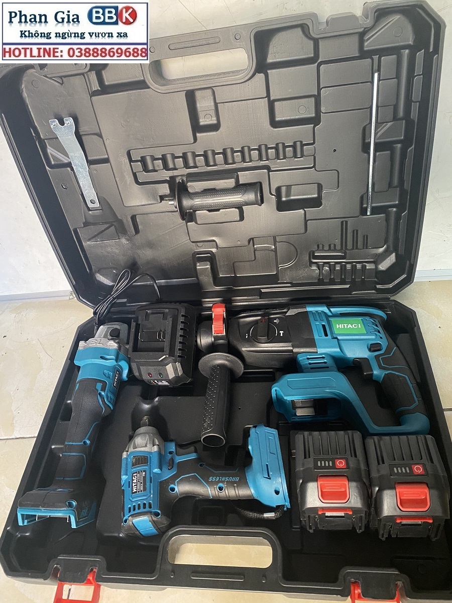 Bộ Combo 3 Trong 1 Gồm Máy Khoan Đục Bê Tông, Máy Mài Và Máy Siết Bulong Dùng Pin 199V, 2 Pin 15 Cell, Động Cơ Không Chổi Than 100% Lõi Đồng