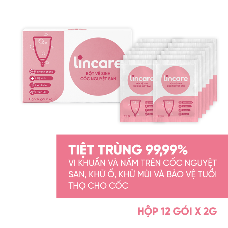 Bộ Vệ sinh Toàn diện 4 món cho cốc nguyệt san: Bột tiệt trùng, DDVS Lincare, Túi lụa và Bàn chải cốc nguyệt san