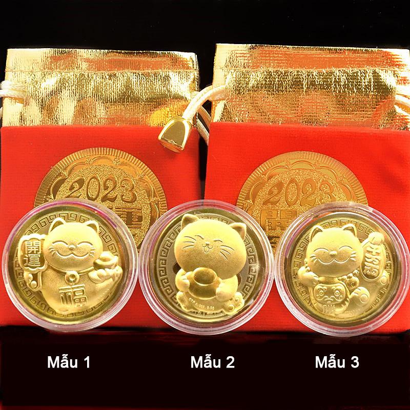 Set 05 xu Mèo vàng + túi gấm 2023 sang trọng, quý phái, dùng làm quà tặng, lì xì tết - Mẫu 2 - PASA COLLECTION