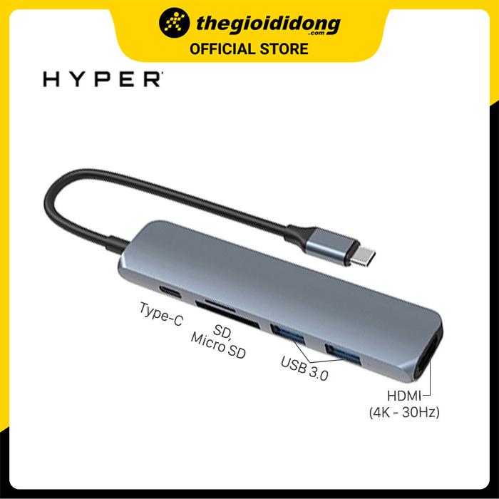 Adapter chuyển đổi Type C 6 in 1 HyperDrive HD22E Xám - Hàng chính hãng