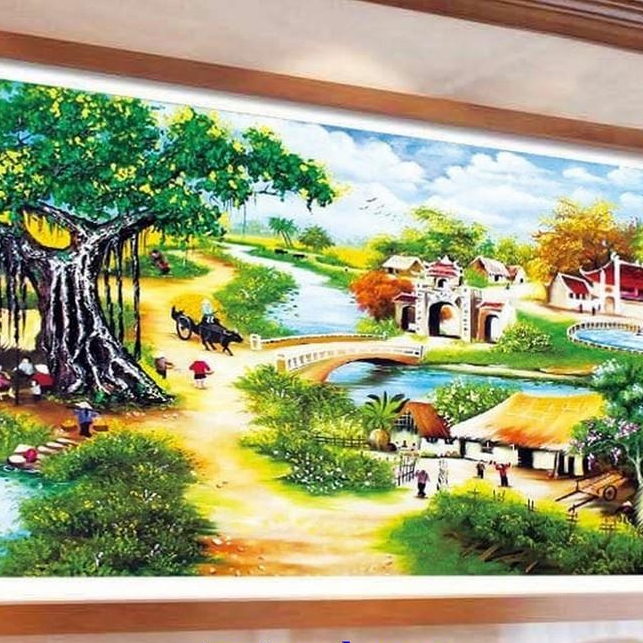 Tranh thêu chữ thập phong cảnh cây đa đầu làng, giếng nước, sân đình MN0095 chưa thêu
