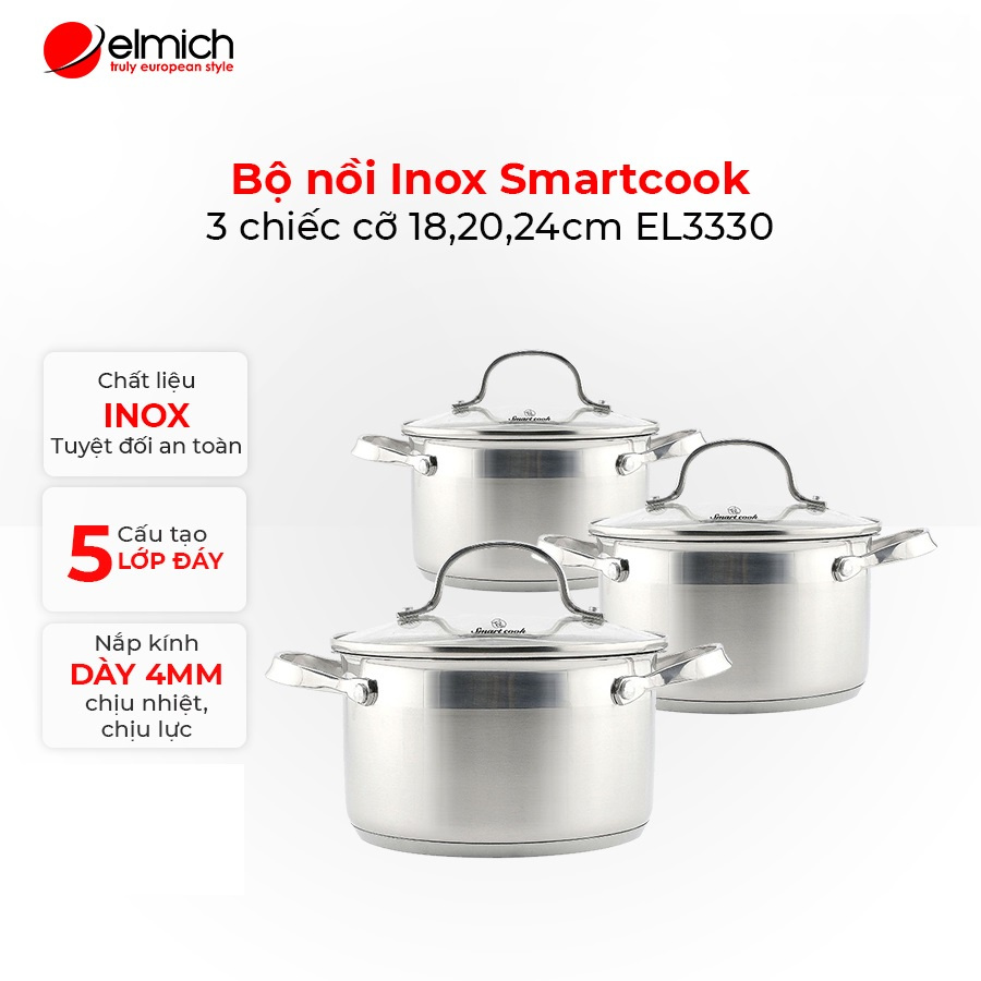 Bộ 3 nồi 18,20 và 24cm Inox 304 Elmich Smartcook SM3330 dùng bếp từ, Xuất xứ CH Séc Châu Âu, bảo hành 24 tháng