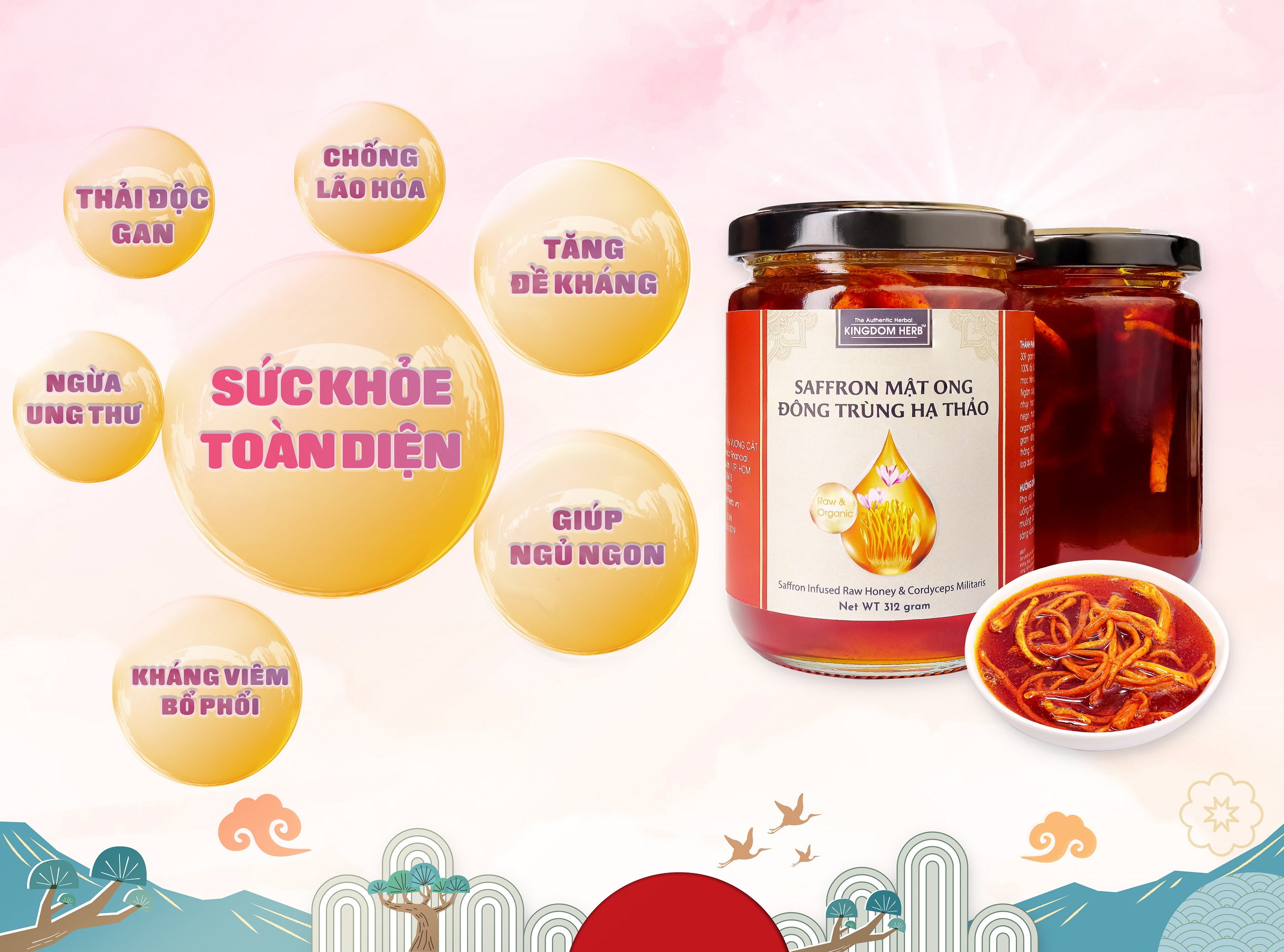 Saffron mật ong đông trùng hạ thảo Kingdom Herb chính hãng thượng hạng hộp 312g