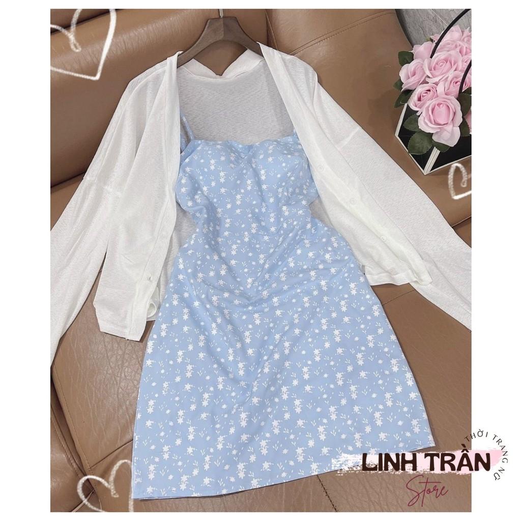 Sét Váy Hoa Nhí Và Áo Khoác Cardigan Đầm 2 Dây Hoa Nhí Mix Áo Cardigan Linh Trần Store