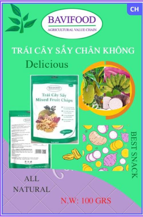 Trái Cây Sấy Chân Không (Mixed Fruit Chips), Giòn Xốp Tự Nhiên – BAVIFOOD, Khối Lượng: 1 kg (thùng = 10 gói x 100 grs/gói) – Premium