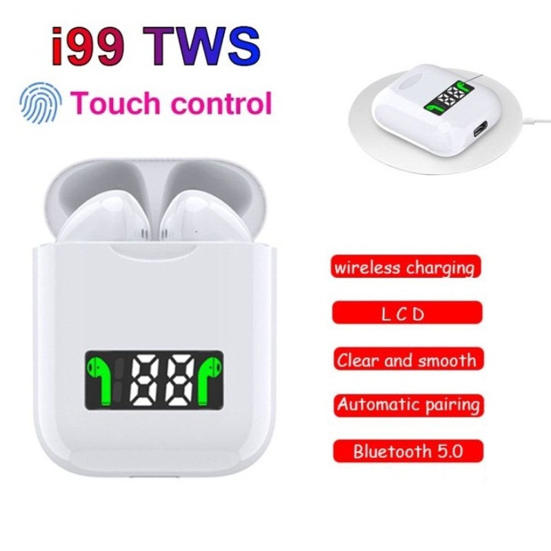 Tai nghe bluetooth True Wireless v5.0 TWS i99 - hộp sạc có màn hình Led hỗ trợ sạc không dây - Hàng nhập khẩu