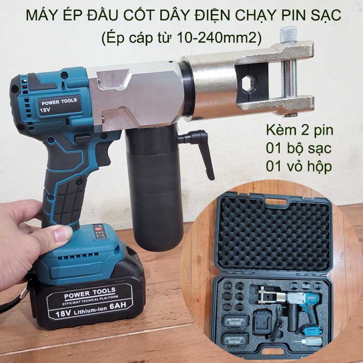 Máy ép đầu cốt dây điện từ 10-240mm2 kèm 2 pin sạc và có hộp nhựa