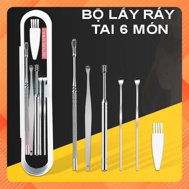 Bộ Dụng Cụ Ngoáy Tai Inox 6 Món-Bộ Lấy Ráy Tai Thép Không Rỉ 6 Món-Bộ Mát Xa Tai - Làm Sạch Tai Hiệu Qủa