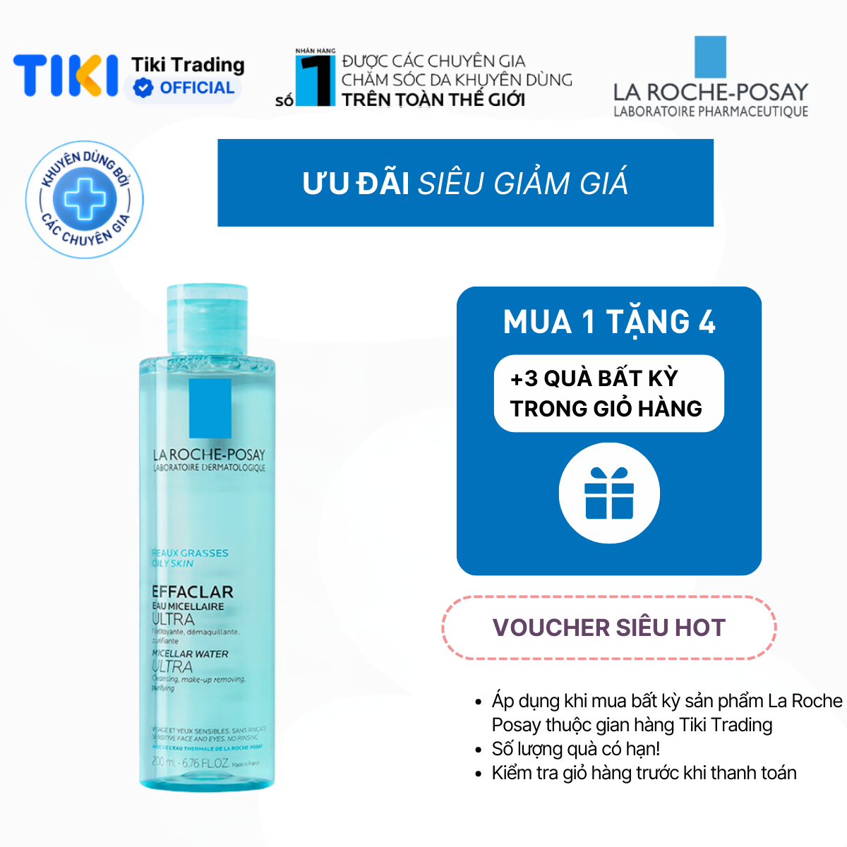 Nước làm sạch sâu và tẩy trang dành cho da mụn, da dầu nhạy cảm La Roche-Posay Effaclar Micellar Water 200ml