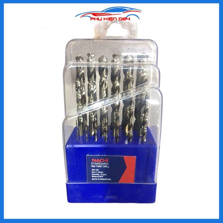Hộp 19 mũi khoan inox Nachi Singapore đường kính 1mm-10mm