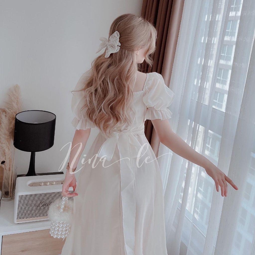 Đầm nữ Tiểu Thư Cổ Nhúm Cộc Tay Vải Voan 2 Lớp Dáng Dài Q092