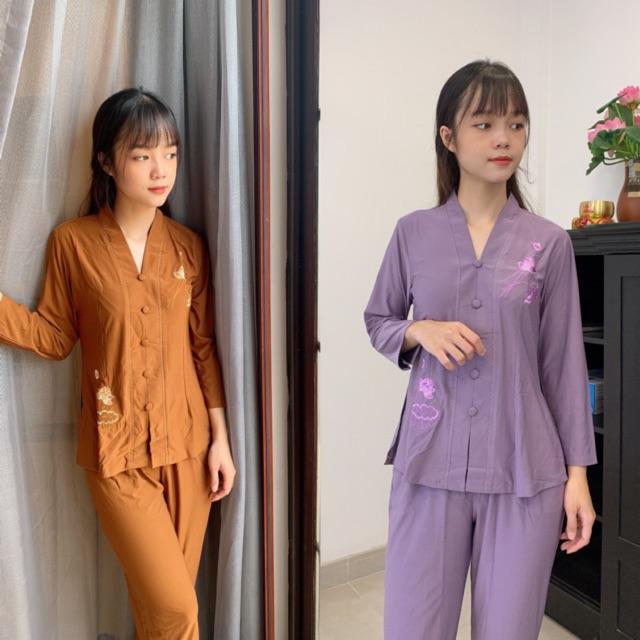 Đồ đi chùa thun cho tuổi trung niên thêu sen_ bigsize 70kg